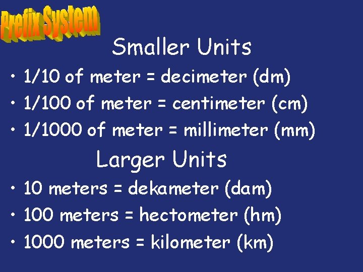 Smaller Units • 1/10 of meter = decimeter (dm) • 1/100 of meter =