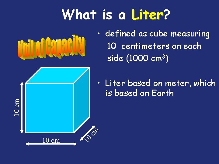 What is a Liter? Liter • defined as cube measuring 10 centimeters on each