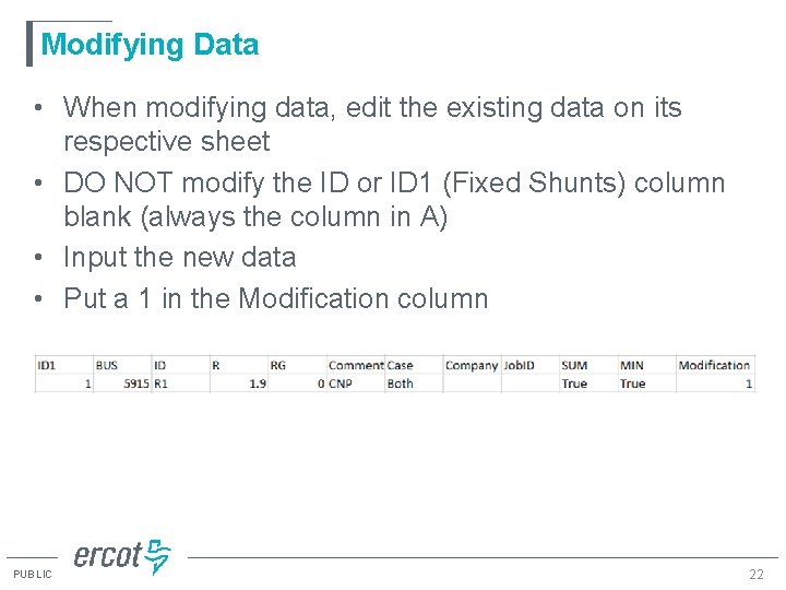 Modifying Data • When modifying data, edit the existing data on its respective sheet Modifying Data • When modifying data, edit the existing data on its respective sheet