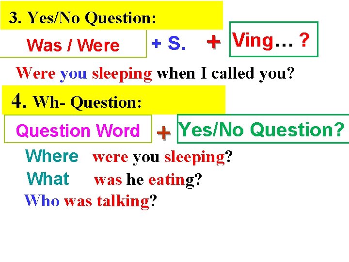 3. Yes/No Question: Was / Were + S. + Ving… ? Were you sleeping