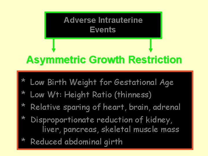 Adverse Intrauterine Events Asymmetric Growth Restriction * Low Birth Weight for Gestational Age *