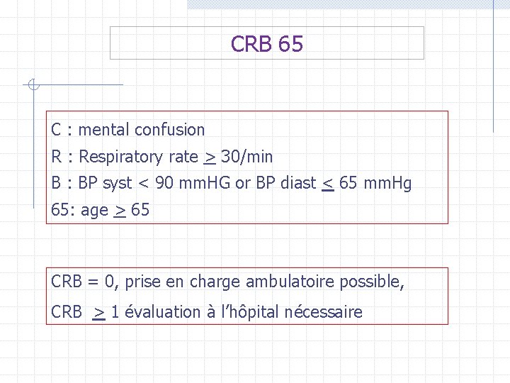 CRB 65 C : mental confusion R : Respiratory rate > 30/min B : CRB 65 C : mental confusion R : Respiratory rate > 30/min B :