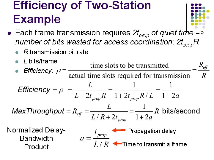 Efficiency of Two-Station Example l Each frame transmission requires 2 tprop of quiet time