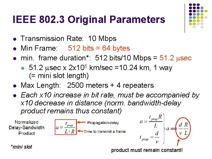 IEEE 802. 3 Original Parameters l l l Transmission Rate: 10 Mbps Min Frame: