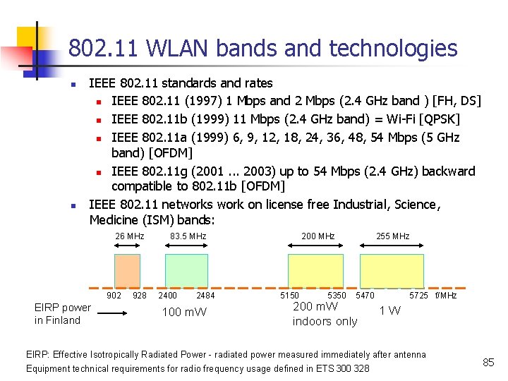 802. 11 WLAN bands and technologies n n IEEE 802. 11 standards and rates
