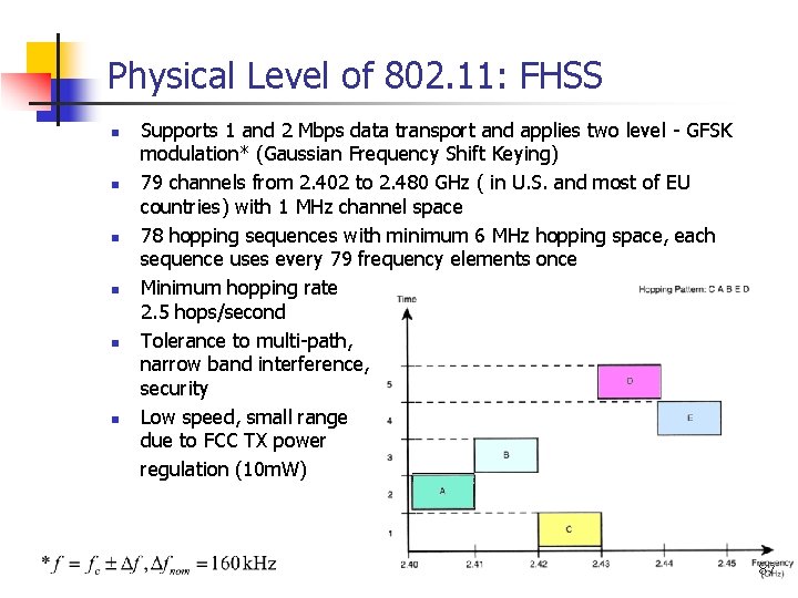 Physical Level of 802. 11: FHSS n n n Supports 1 and 2 Mbps