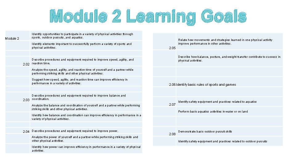 Module 2 Learning Goals Module 2 Identify opportunities to participate in a variety of