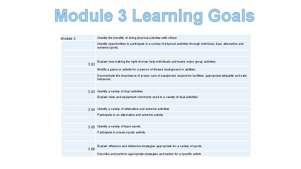 Module 3 Learning Goals Identify the benefits of doing physical activities with others. Module