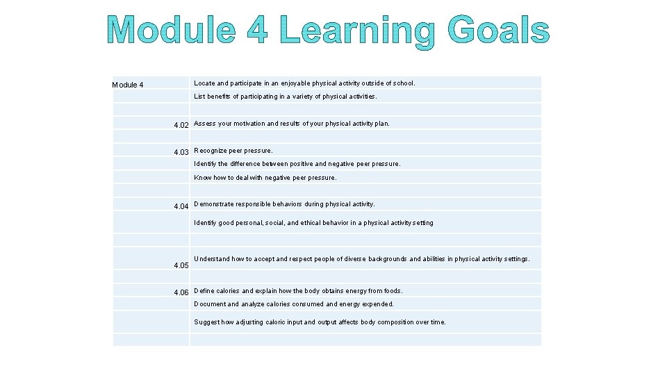 Locate and participate in an enjoyable physical activity outside of school. Module 4 List