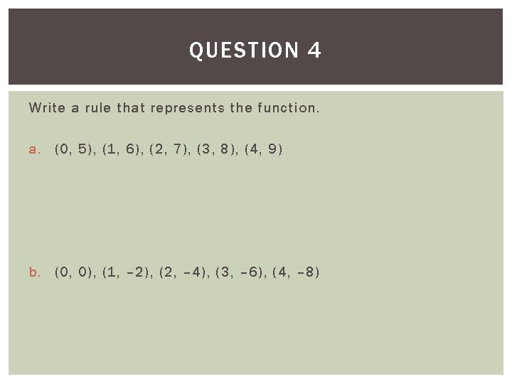 QUESTION 4 Write a rule that represents the function. a. (0, 5), (1, 6),