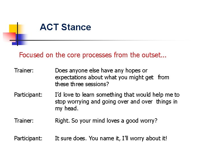 ACT Stance Focused on the core processes from the outset. . . Trainer: Does