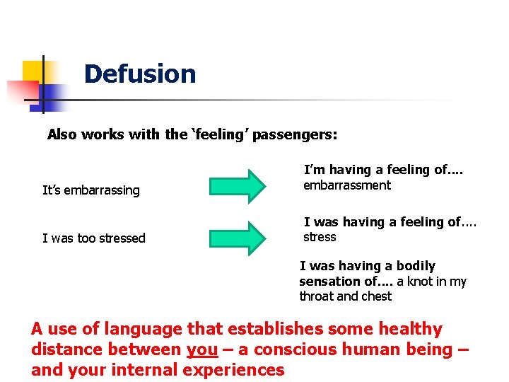 Defusion Also works with the ‘feeling’ passengers: It’s embarrassing I’m having a feeling of.