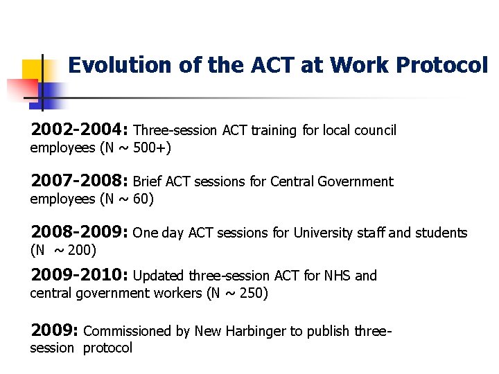 Evolution of the ACT at Work Protocol 2002 -2004: Three-session ACT training for local