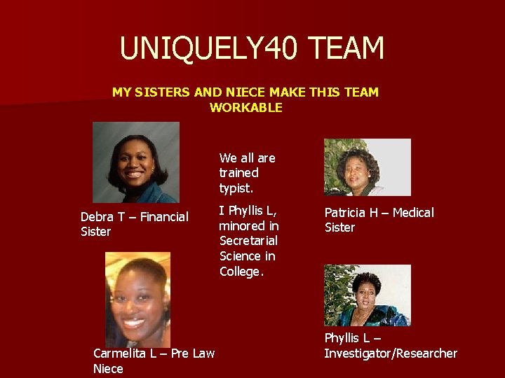 UNIQUELY 40 TEAM MY SISTERS AND NIECE MAKE THIS TEAM WORKABLE We all are