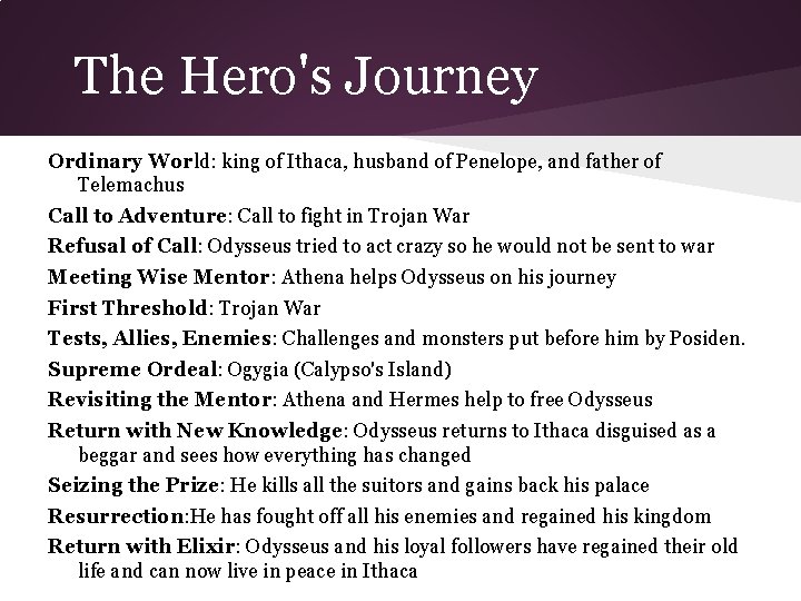 The Hero's Journey Ordinary World: king of Ithaca, husband of Penelope, and father of