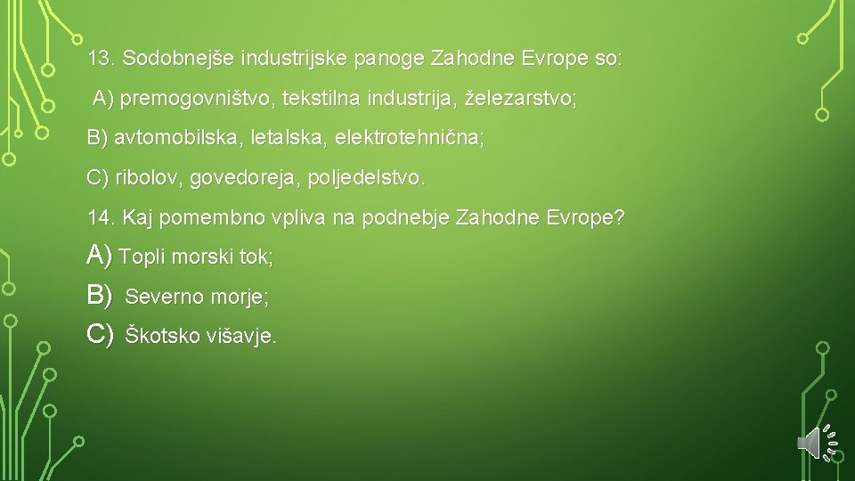 13. Sodobnejše industrijske panoge Zahodne Evrope so: A) premogovništvo, tekstilna industrija, železarstvo; B) avtomobilska,