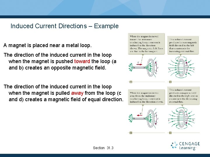 Induced Current Directions – Example A magnet is placed near a metal loop. The
