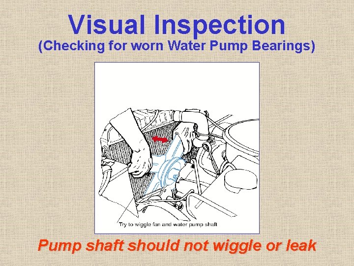 Visual Inspection (Checking for worn Water Pump Bearings) Pump shaft should not wiggle or Visual Inspection (Checking for worn Water Pump Bearings) Pump shaft should not wiggle or