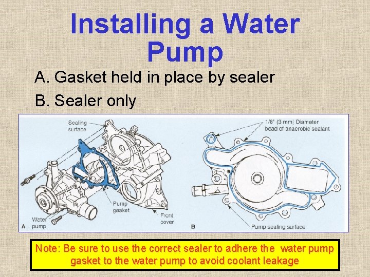 Installing a Water Pump A. Gasket held in place by sealer B. Sealer only Installing a Water Pump A. Gasket held in place by sealer B. Sealer only