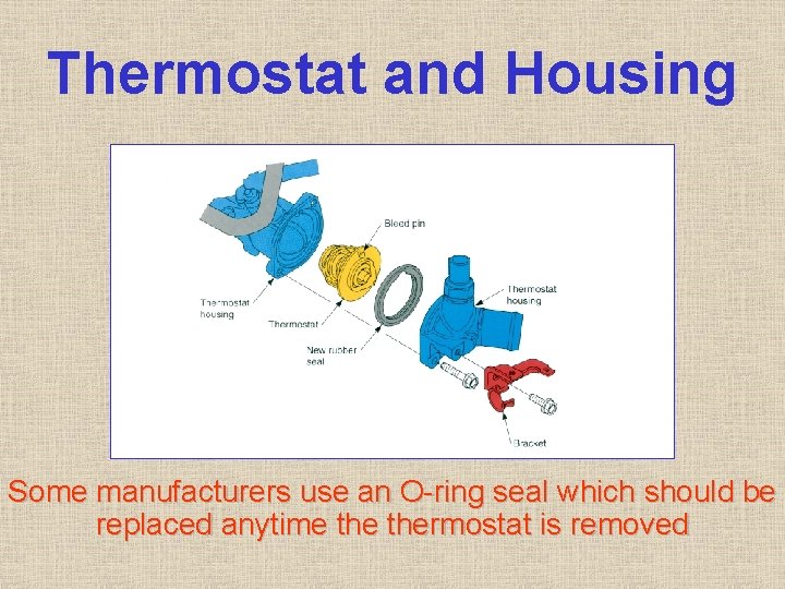 Thermostat and Housing Some manufacturers use an O-ring seal which should be replaced anytime Thermostat and Housing Some manufacturers use an O-ring seal which should be replaced anytime