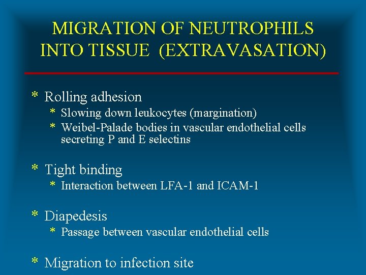 MIGRATION OF NEUTROPHILS INTO TISSUE (EXTRAVASATION) * Rolling adhesion * Slowing down leukocytes (margination)