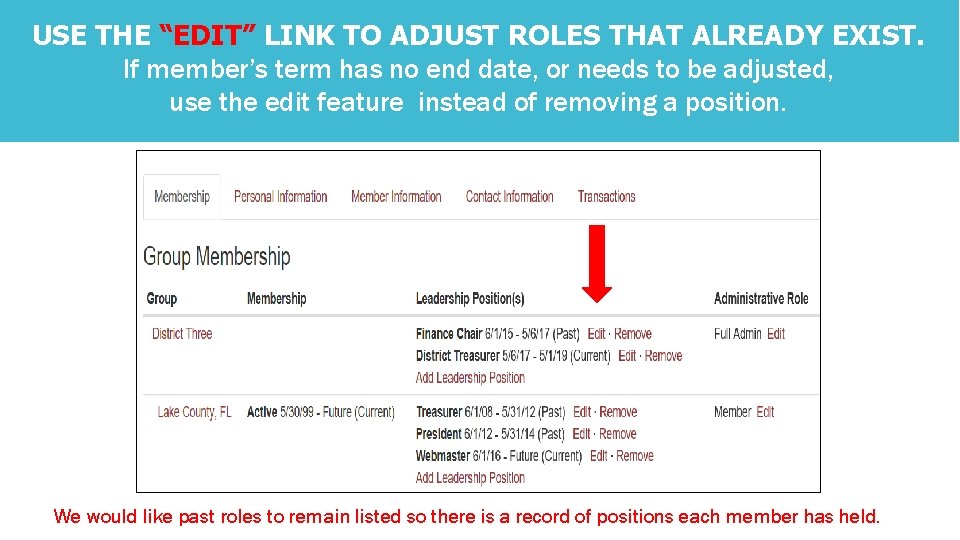 USE THE “EDIT” LINK TO ADJUST ROLES THAT ALREADY EXIST. If member’s term has