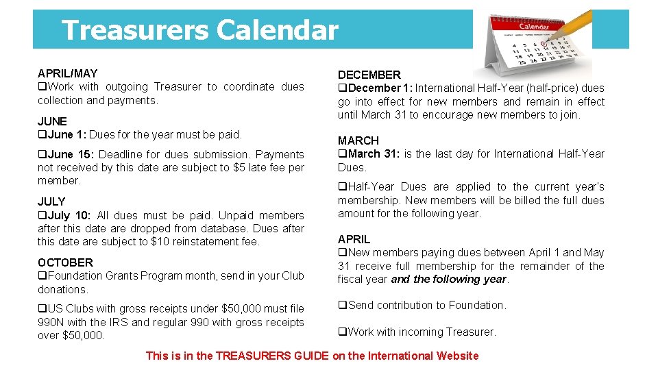 Treasurers Calendar APRIL/MAY q. Work with outgoing Treasurer to coordinate dues collection and payments.