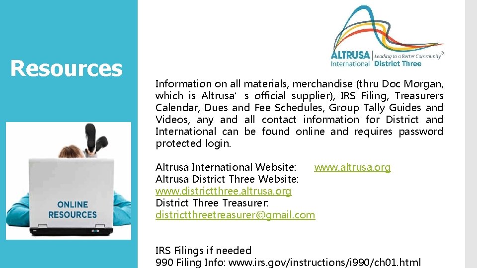 Resources Information on all materials, merchandise (thru Doc Morgan, which is Altrusa’s official supplier),