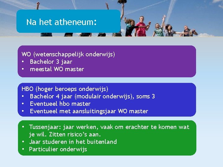 Na het atheneum: WO (wetenschappelijk onderwijs) • Bachelor 3 jaar • meestal WO master