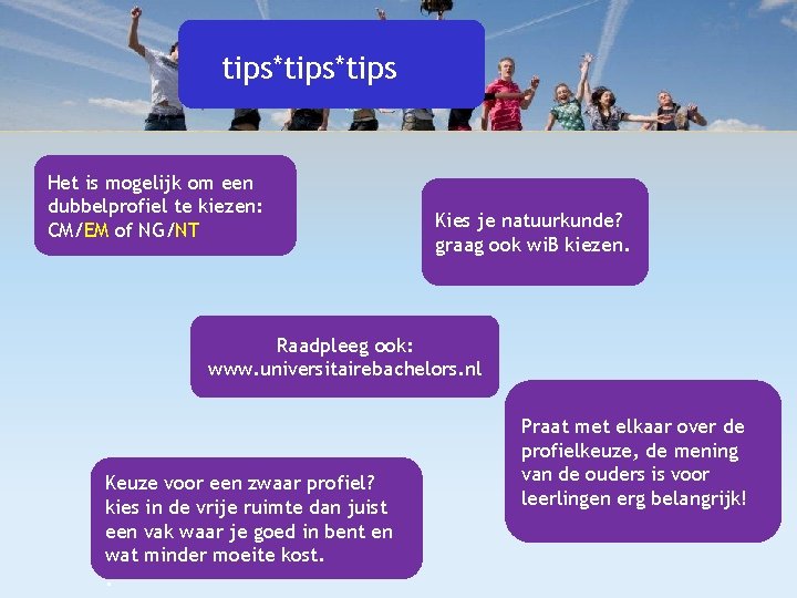 tips*tips Het is mogelijk om een dubbelprofiel te kiezen: CM/EM of NG/NT Kies je