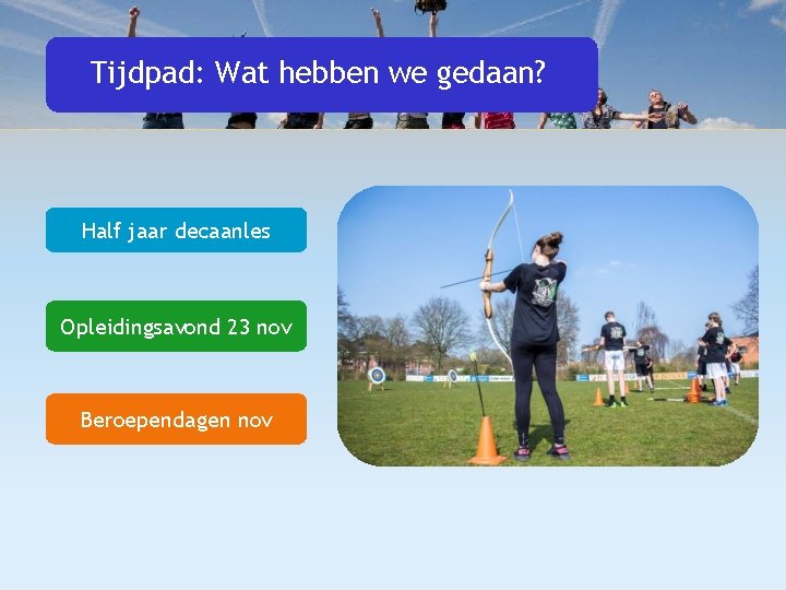 Tijdpad: Wat hebben we gedaan? Half jaar decaanles Opleidingsavond 23 nov Beroependagen nov 