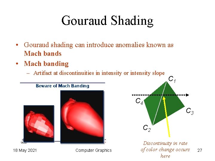 Gouraud Shading • Gouraud shading can introduce anomalies known as Mach bands • Mach