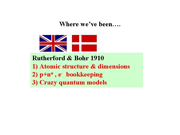 Where we’ve been…. Rutherford & Bohr 1910 1) Atomic structure & dimensions 2) p+no