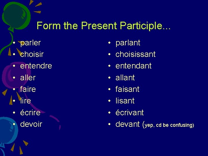 Form the Present Participle. . . • • parler choisir entendre aller faire lire