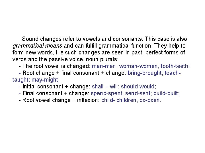 Sound changes refer to vowels and consonants. This case is also grammatical means and