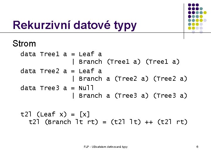 Rekurzivní datové typy Strom data Tree 1 a = | data Tree 2 a