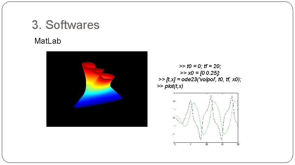 3. Softwares Mat. Lab >> t 0 = 0; tf = 20; >> x