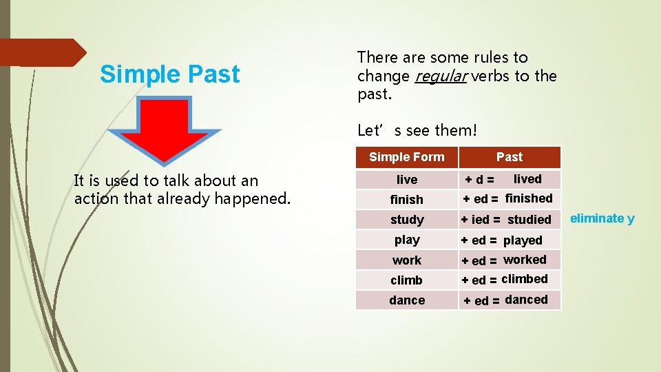 Simple Past There are some rules to change regular verbs to the past. Let’s