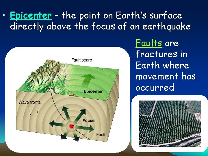  • Epicenter – the point on Earth’s surface directly above the focus of