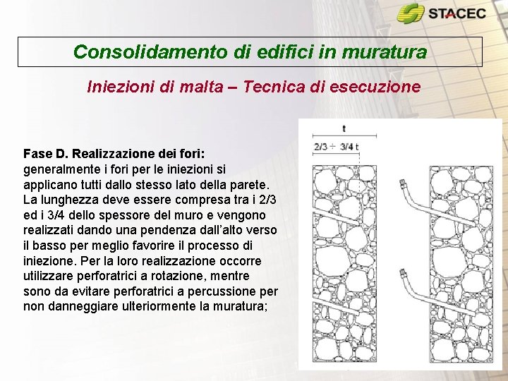 Consolidamento di edifici in muratura Iniezioni di malta – Tecnica di esecuzione Fase D. Consolidamento di edifici in muratura Iniezioni di malta – Tecnica di esecuzione Fase D.