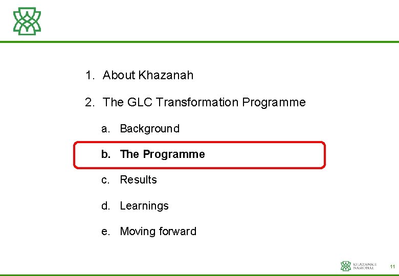 1. About Khazanah 2. The GLC Transformation Programme a. Background b. The Programme c.
