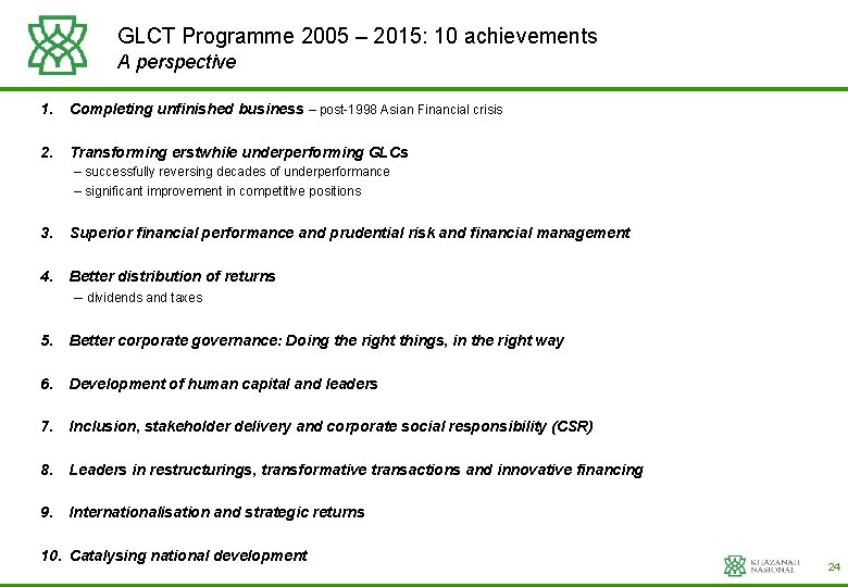 GLCT Programme 2005 – 2015: 10 achievements A perspective 1. Completing unfinished business –