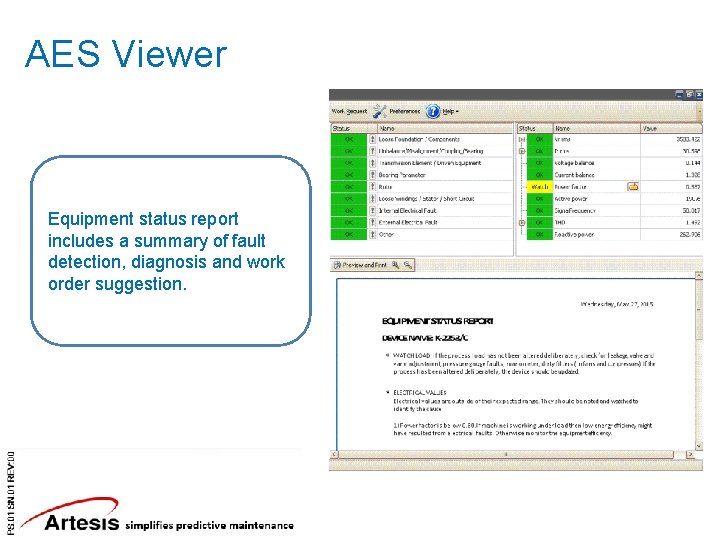 AES Viewer Equipment status report includes a summary of fault detection, diagnosis and work