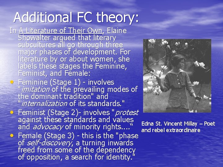 Additional FC theory: In A Literature of Their Own, Elaine Showalter argued that literary