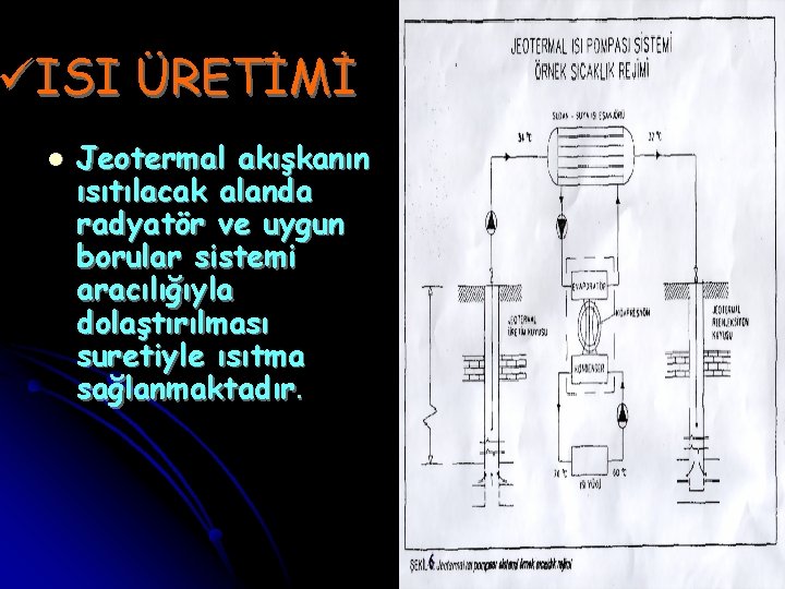 üISI ÜRETİMİ l Jeotermal akışkanın ısıtılacak alanda radyatör ve uygun borular sistemi aracılığıyla dolaştırılması