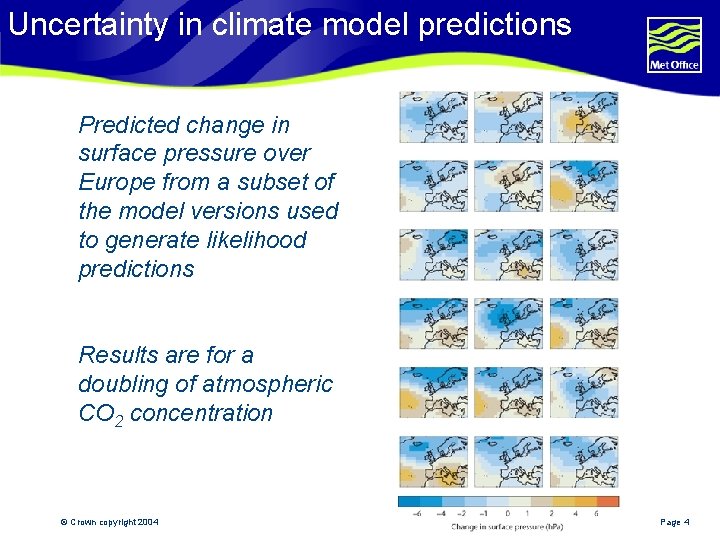 Uncertainty in climate model predictions Predicted change in surface pressure over Europe from a
