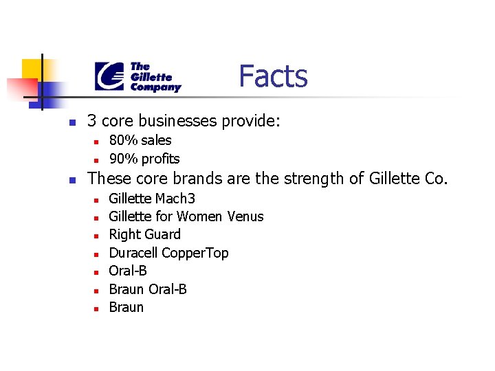 Facts n 3 core businesses provide: n n n 80% sales 90% profits These Facts n 3 core businesses provide: n n n 80% sales 90% profits These