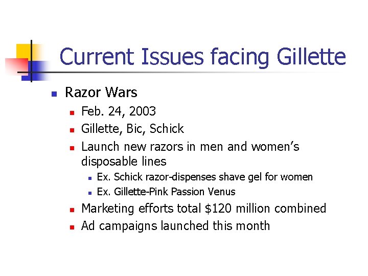 Current Issues facing Gillette n Razor Wars n n n Feb. 24, 2003 Gillette, Current Issues facing Gillette n Razor Wars n n n Feb. 24, 2003 Gillette,