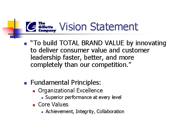 Vision Statement n n “To build TOTAL BRAND VALUE by innovating to deliver consumer Vision Statement n n “To build TOTAL BRAND VALUE by innovating to deliver consumer