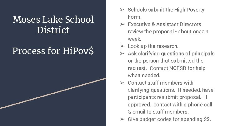 Moses Lake School District Process for Hi. Pov$ ➢ Schools submit the High Poverty